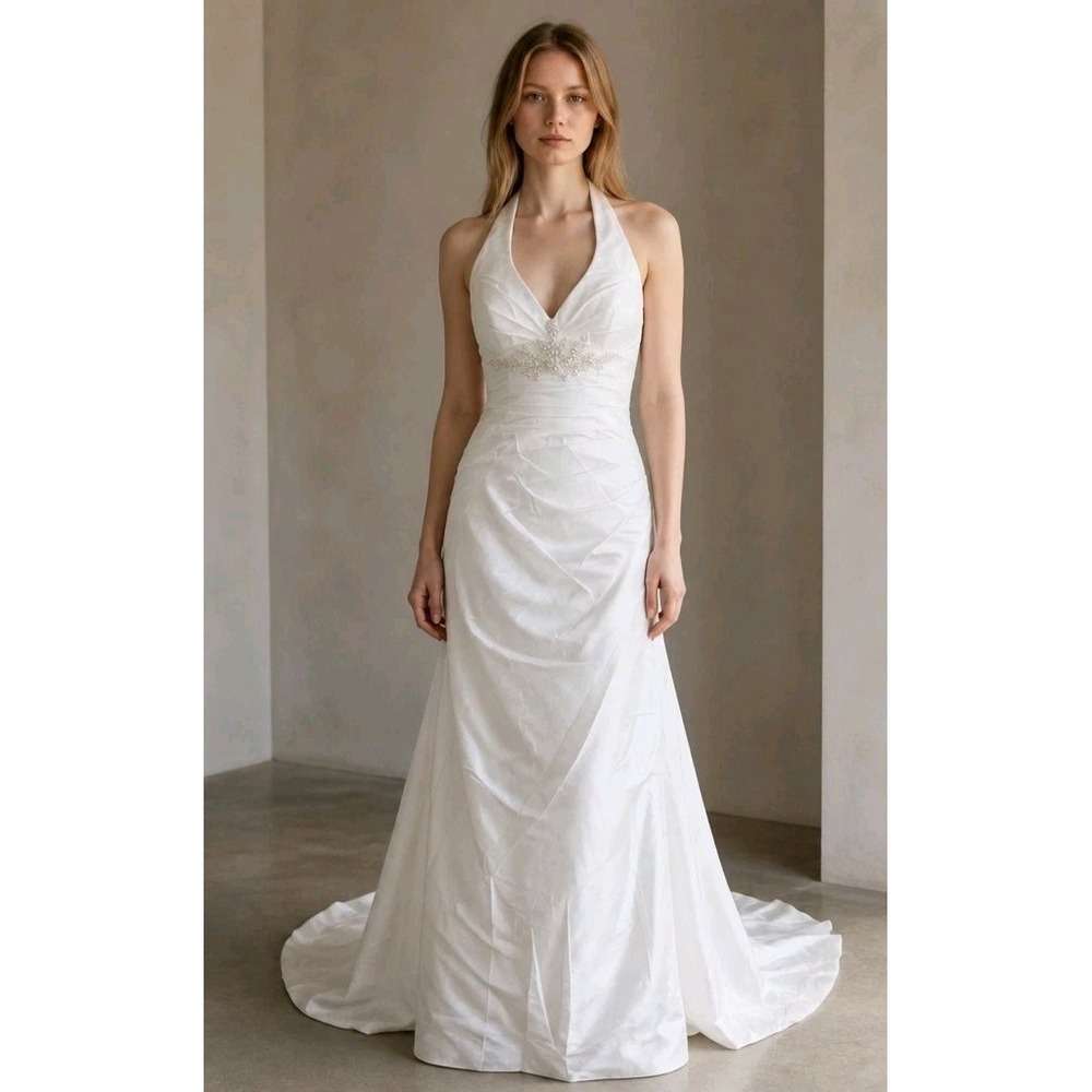 DaVinci Satin Wedding Dress 12 White Halter Beaded Bustle Train Style# 8417 NWT
